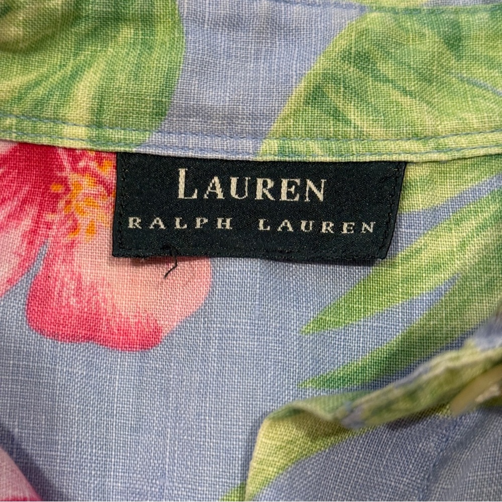 Lauren Ralph Lauren Floral Hibiscus Linen Button-Up Tie Top Blue Green Size 14? - Picture 3 of 6